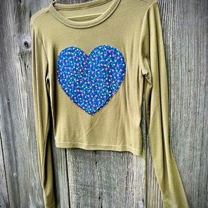 Olive Green Long Sleeve Top with Blue Heart Patch